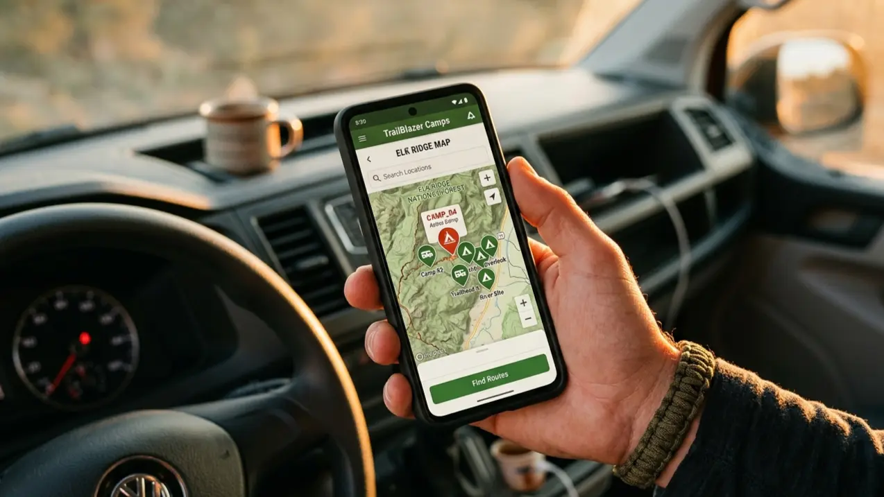 Van lifer holding a phone with a camping map app open, multiple location pins visible, van dashboard blurred in the background